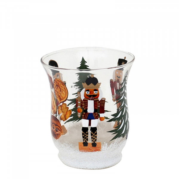 Sigro Nussknacker Teelichthalter Ø 8 cm aus Glas mit Weihnachtsmotiv