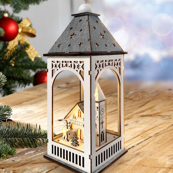 HTI-Living Weihnachtsdeko mit 8 LEDs LED Holzlaterne mit Kirche und Figuren