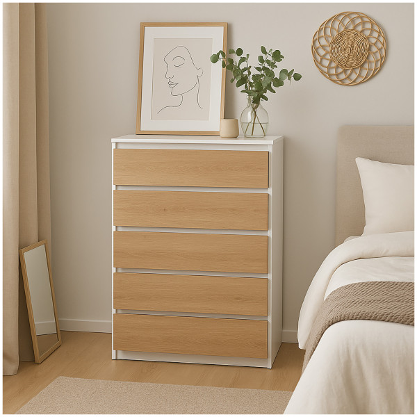 HTI-Living mit 5 grifflosen Schubladen Kommode Weiß-Artisaneiche