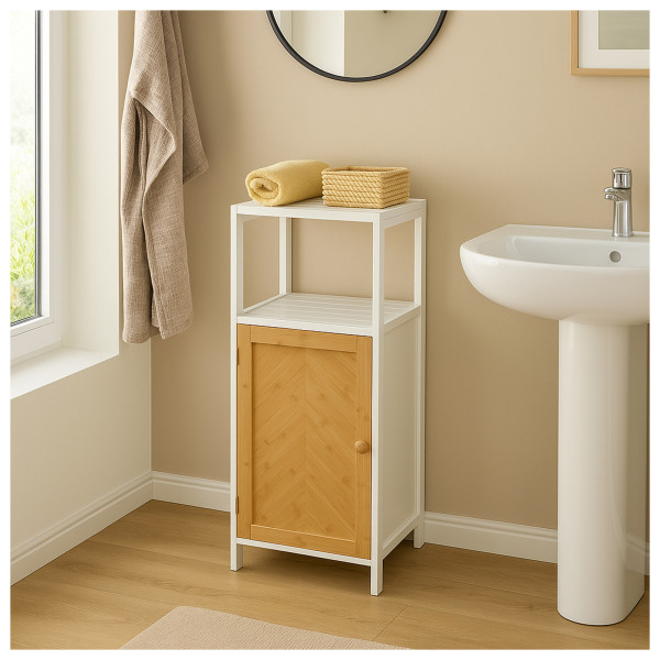 HTI-Living mit Front Holzoptik Fischgrätmuster Badschrank Weiß