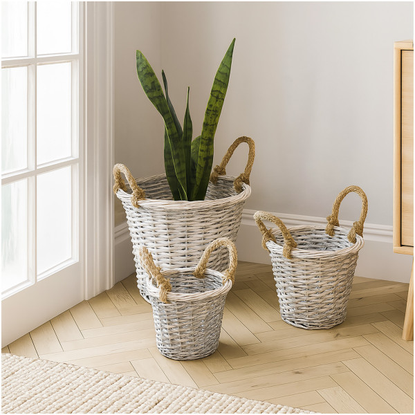 HTI-Living rustikale Deko 3er Set Pflanzkörbe aus Weide mit Juteseil