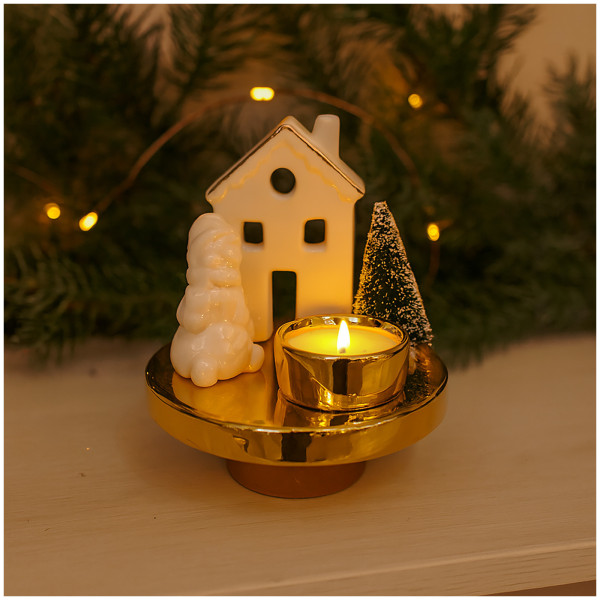HTI-Living Haus Tannenbaum Keramik Gold Weiß Teelichthalter Weihnachtsdeko Schneemann