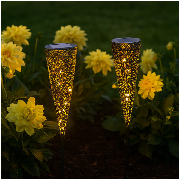 HTI-Living warmweiße Gartenleuchten Solarstecker Luna 2 Stück Metall mit filigranem Mu