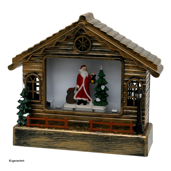 Acryl LED Haus, mit Santa, gold 23 x 9 x 26 cm