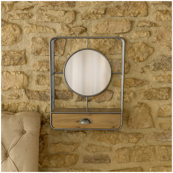 HTI-Line Industrial Design aus Metall und Holz Wandspiegel mit Schublade