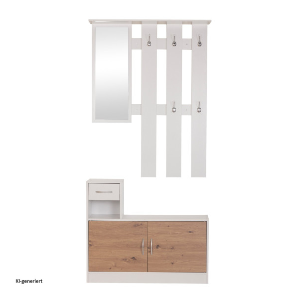 Garderobenpaneel mit Spiegel und Schuhschrank Schwarz-Eiche mit Streifen